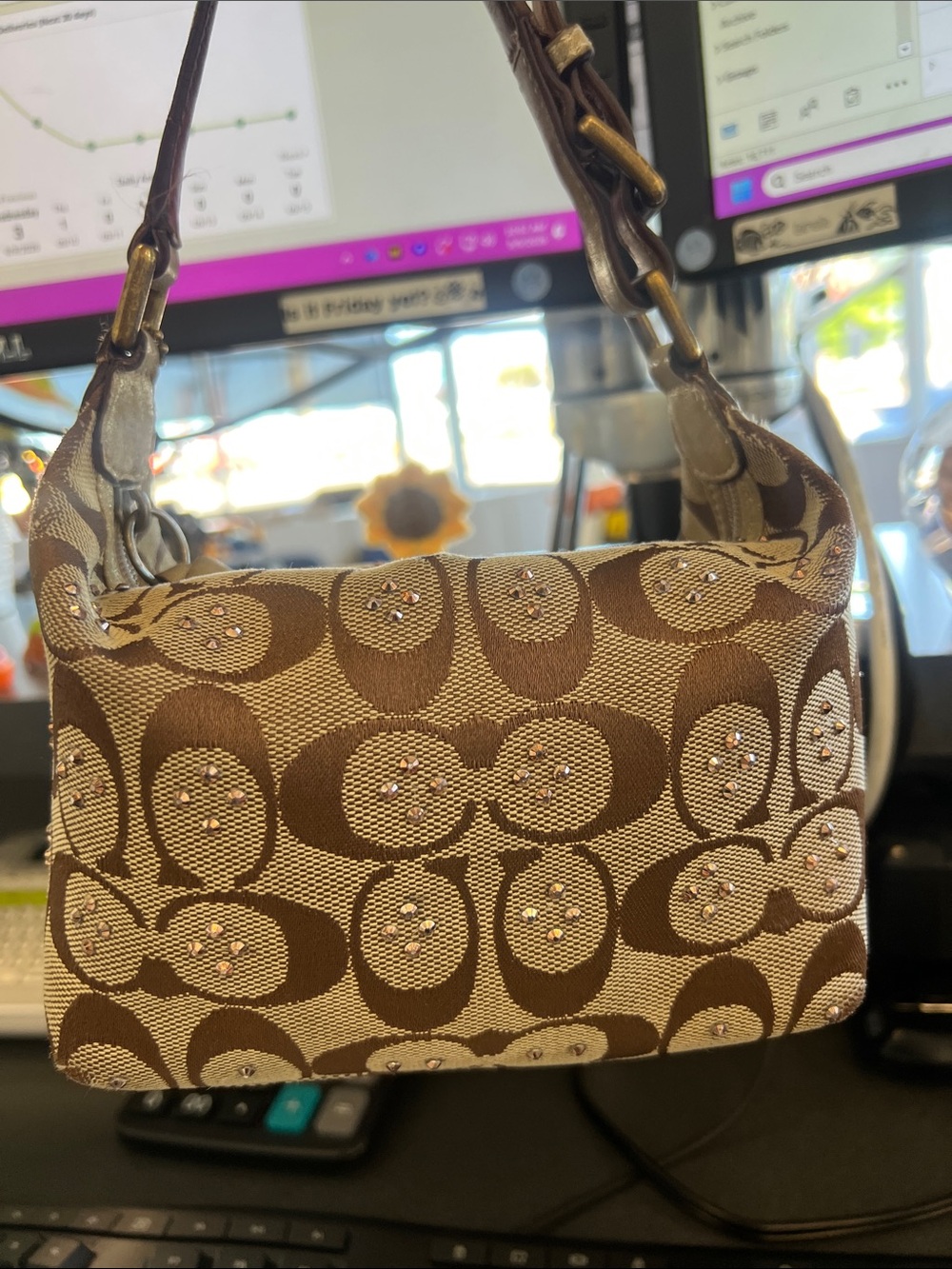 Coach Mini Hobo Bag in Brown and Beige Signature Jacquard with Rhinestones